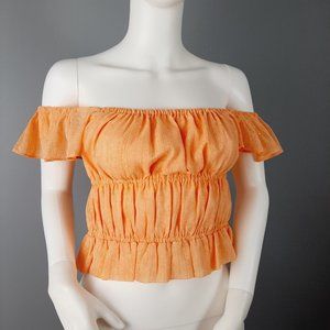 Express Womens Off The Shoulder Crop Top Size Small Peach with Gold Metallic